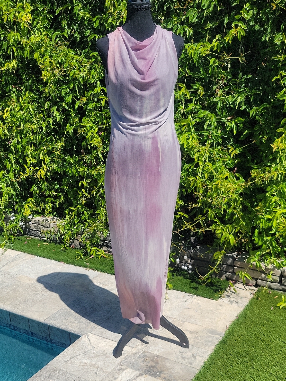 Zara Dusty Lavender Abstract Print Mesh Tie Dye Cowl Neck Maxi Dress M